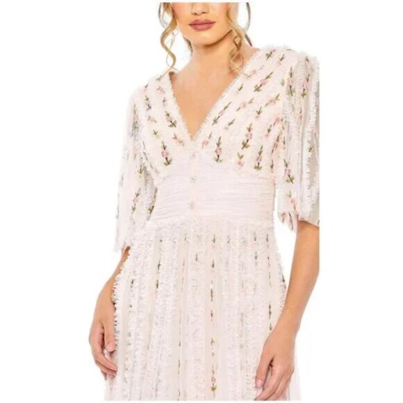 NWT Mac Duggal Floral V-Neck Ruffle Detail Empire Waist Gown Blush Multi Size 22 - Picture 2 of 3